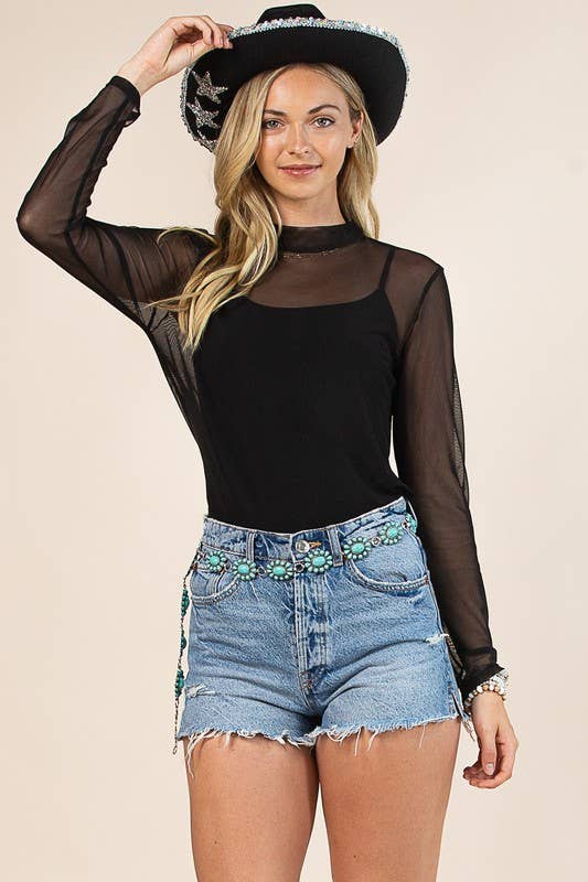 Gemma Solid Black Mesh Top