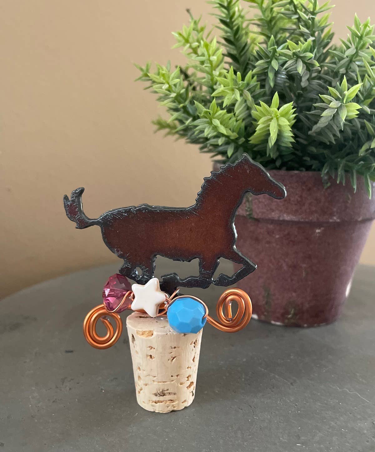 Rustic Wine Cork HORSE shape with beads and wire