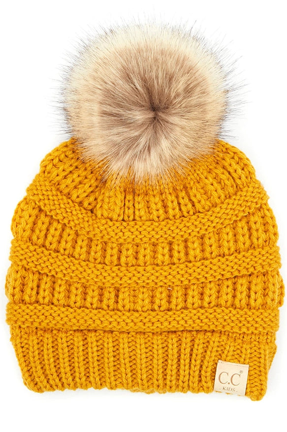 C.C Kids Solid Ribbed Beanie with Pom
