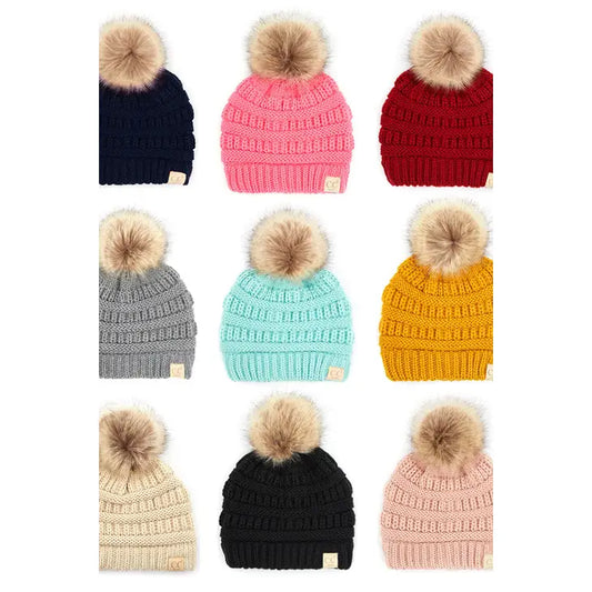 C.C Kids Solid Ribbed Beanie with Pom