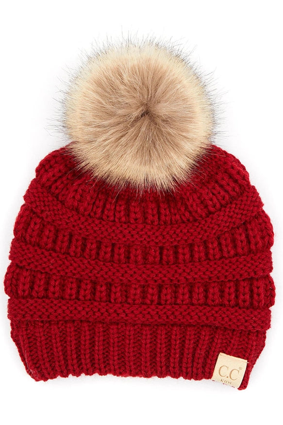 C.C Kids Solid Ribbed Beanie with Pom