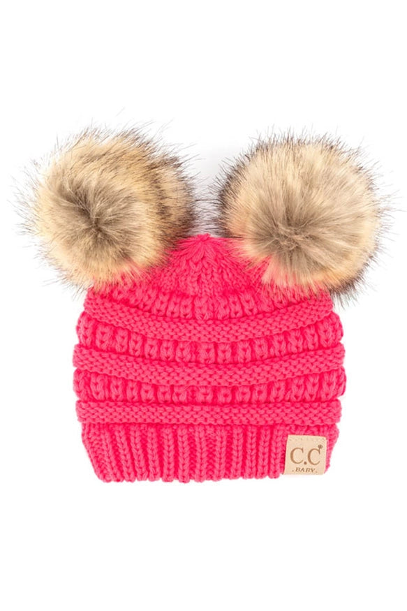 C.C Solid Ribbed Infant Natural Fur Double Pom Pom Beanie