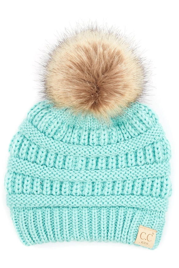 C.C Kids Solid Ribbed Beanie with Pom