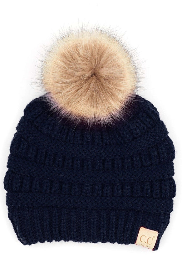 C.C Kids Solid Ribbed Beanie with Pom