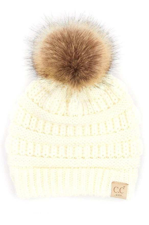 C.C Kids Solid Ribbed Beanie with Pom