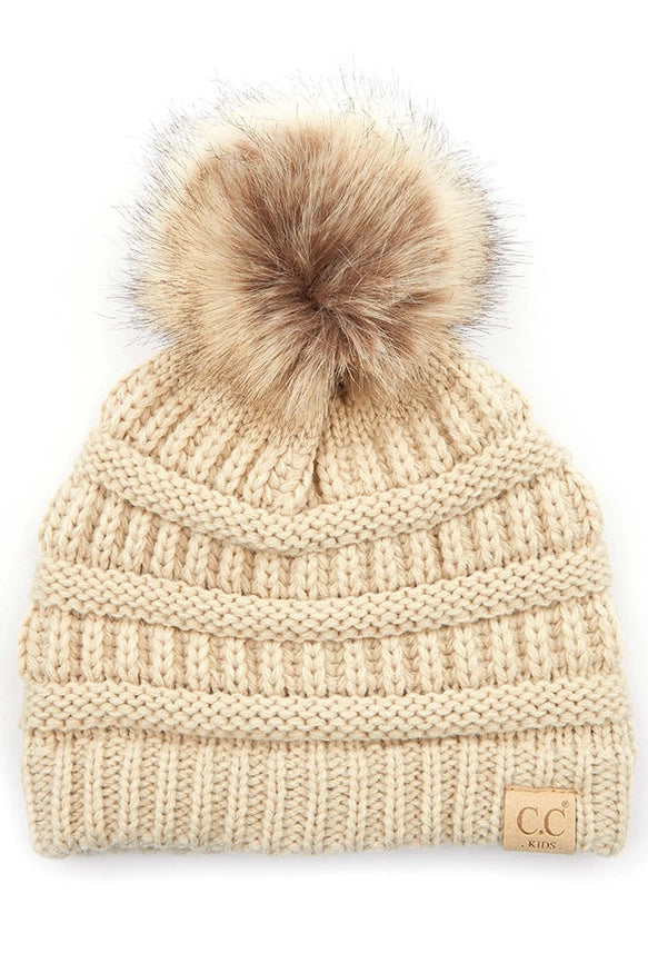 C.C Kids Solid Ribbed Beanie with Pom