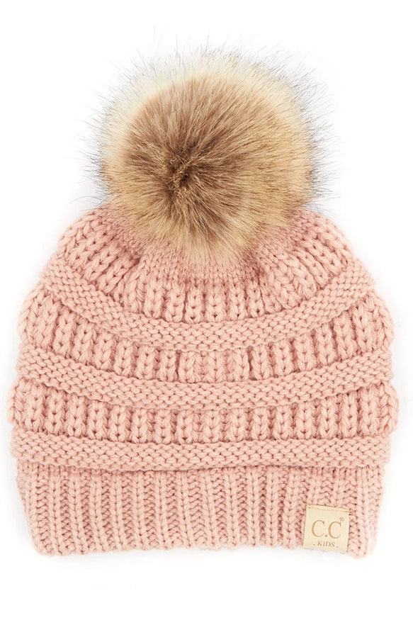 C.C Kids Solid Ribbed Beanie with Pom