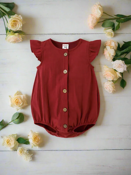 Baby Girl Cotton Button Front Flutter-Sleeve Romper