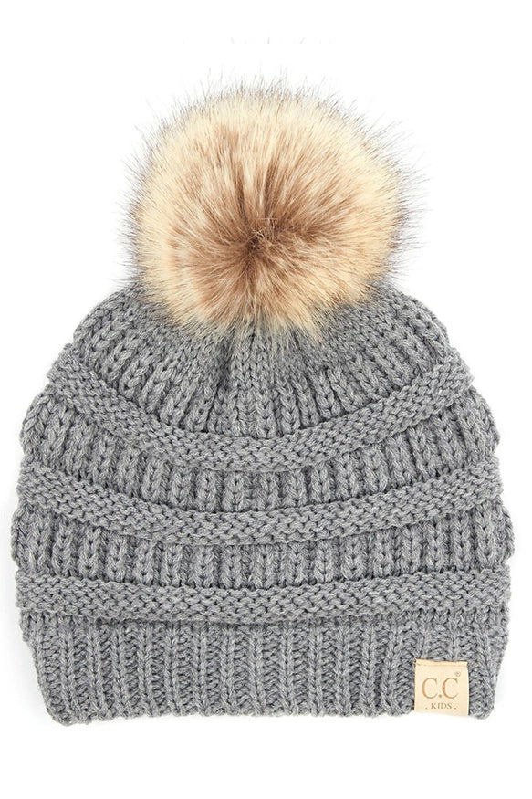 C.C Kids Solid Ribbed Beanie with Pom