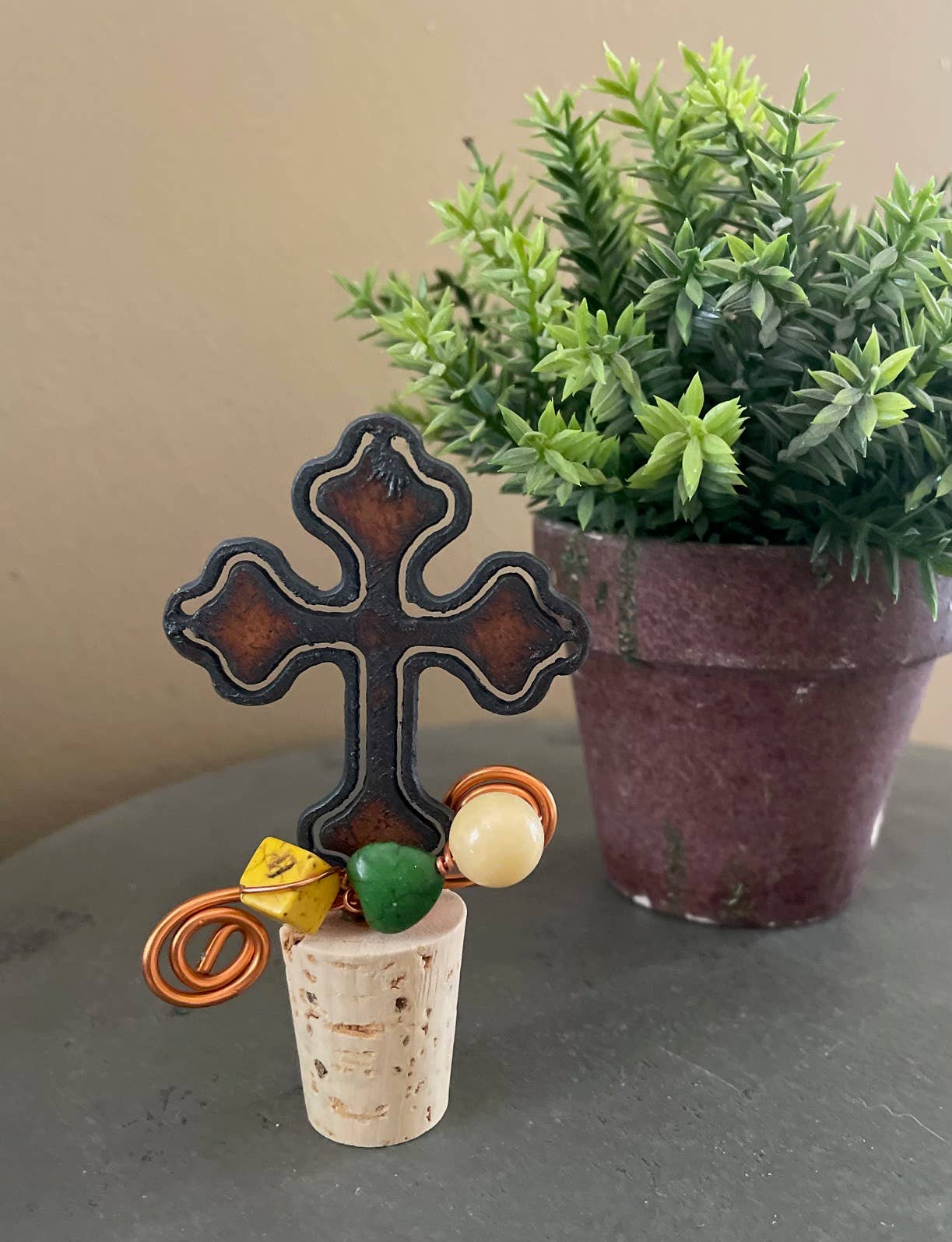 Rustic Wine Cork CROSS shape with beads and wire